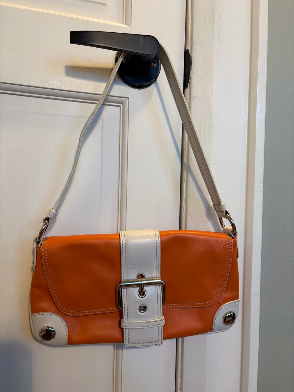 Vintage Danier Leather Orange and White Shoulder Bag with Buckle Accent
